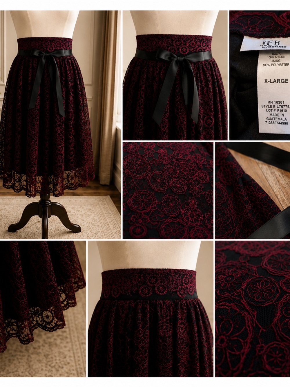 JOE B Joe Benbasset Black Burgundy Embroidered Lace Skirt XL Waist 32 - Picture 2 of 2